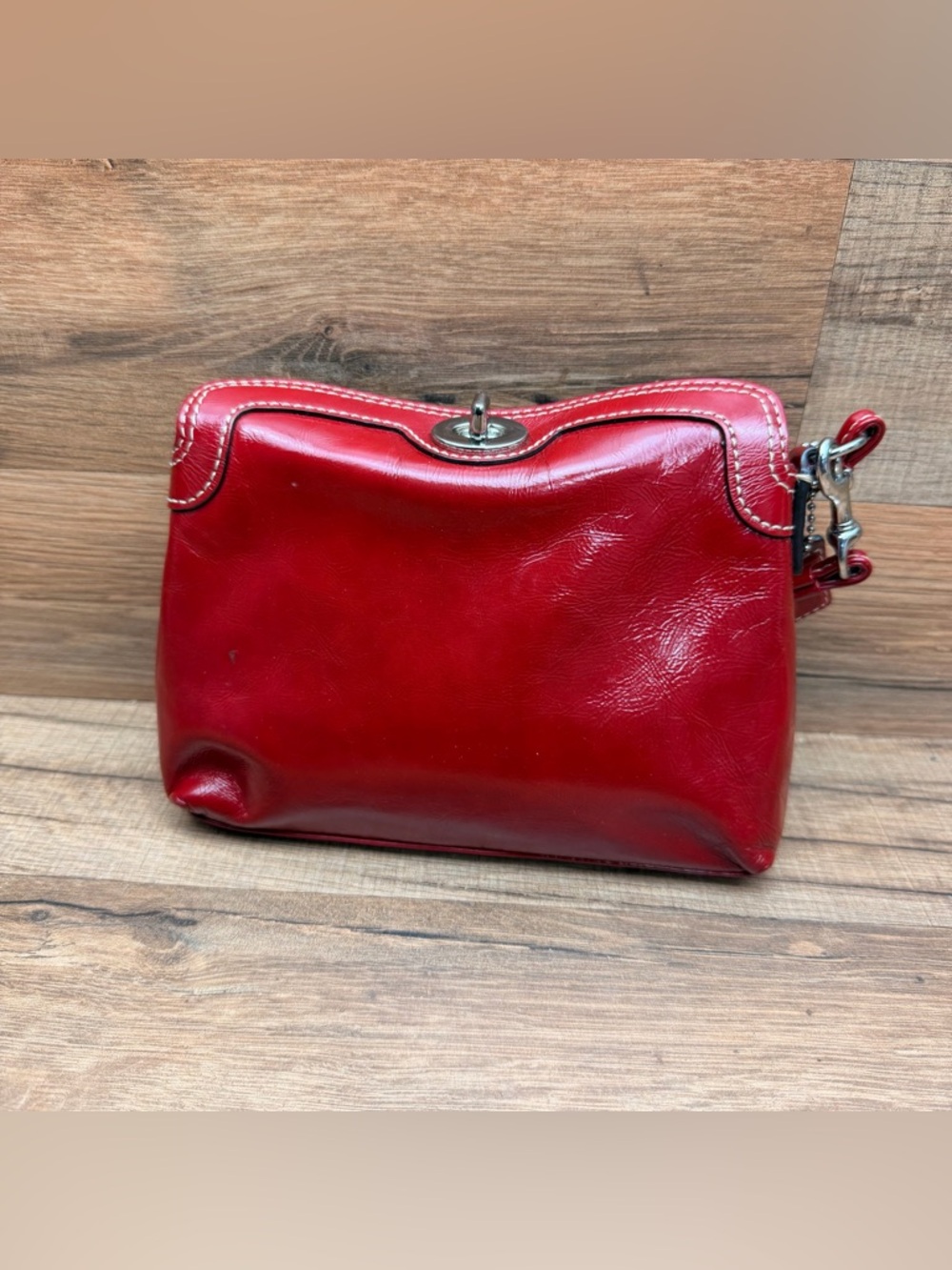 Coach Red Patent Leather Turnlock Wristlet - Picture 5 of 6